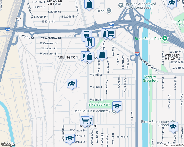 map of restaurants, bars, coffee shops, grocery stores, and more near 3405 Adriatic Avenue in Long Beach