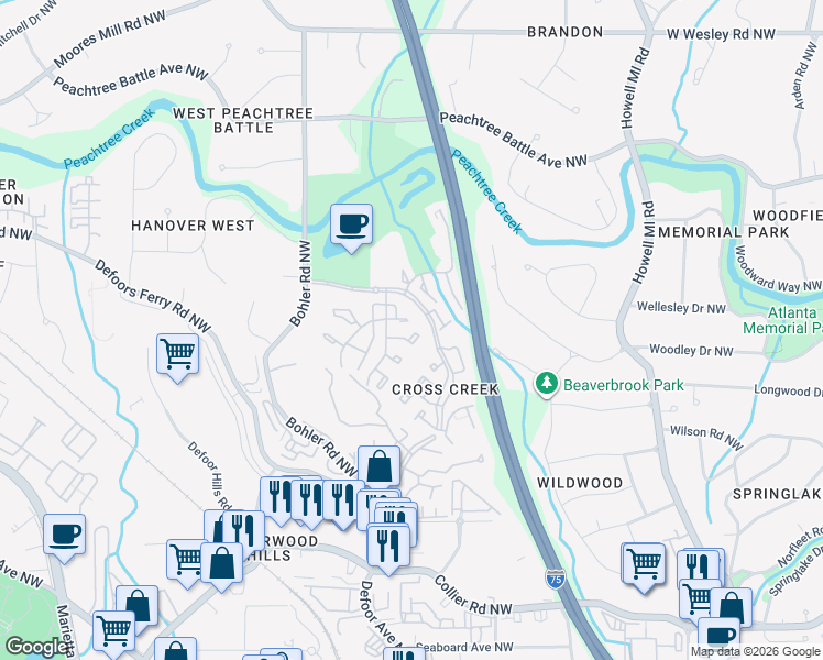 map of restaurants, bars, coffee shops, grocery stores, and more near 74 Adrian Place Northwest in Atlanta
