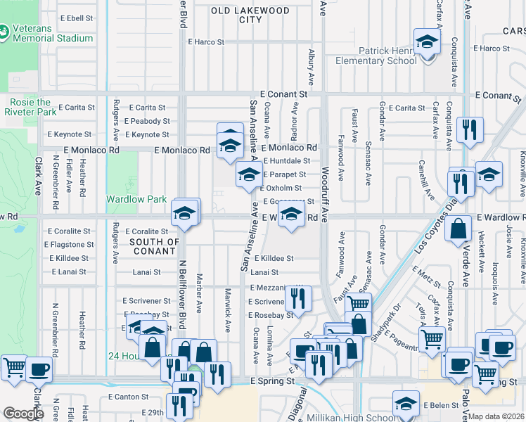 map of restaurants, bars, coffee shops, grocery stores, and more near 5703 East Wardlow Road in Long Beach