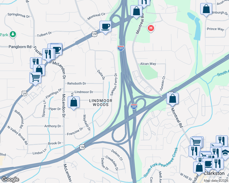 map of restaurants, bars, coffee shops, grocery stores, and more near 1333 Sanden Ferry Drive in Decatur