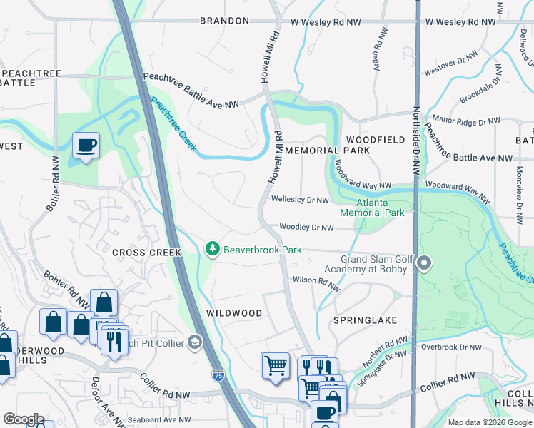 map of restaurants, bars, coffee shops, grocery stores, and more near 2343 Howell Mill Road Northwest in Atlanta