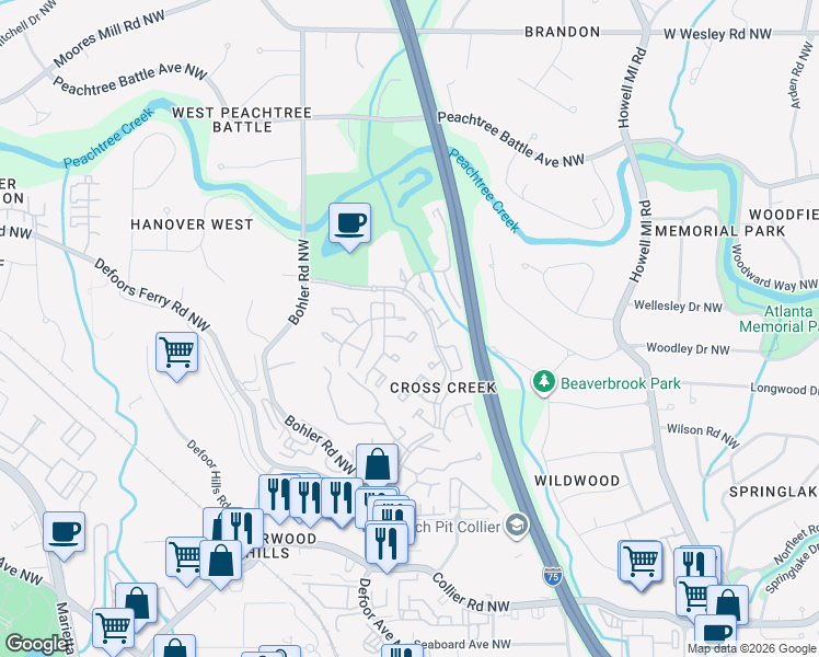 map of restaurants, bars, coffee shops, grocery stores, and more near 79 Adrian Place Northwest in Atlanta