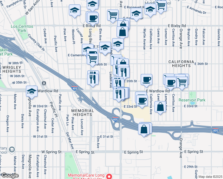 map of restaurants, bars, coffee shops, grocery stores, and more near 3406 Linden Avenue in Long Beach