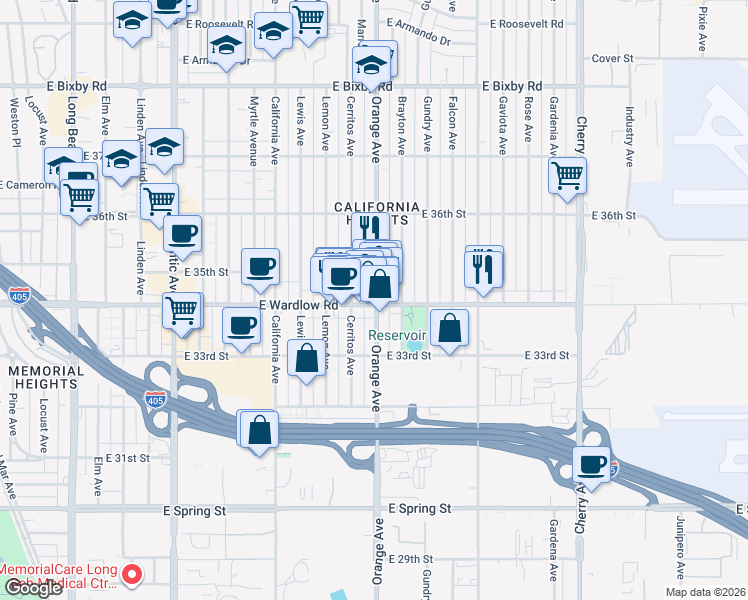 map of restaurants, bars, coffee shops, grocery stores, and more near 3405 Orange Avenue in Long Beach