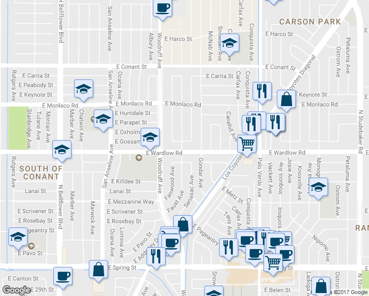map of restaurants, bars, coffee shops, grocery stores, and more near 6003 East Wardlow Road in Long Beach