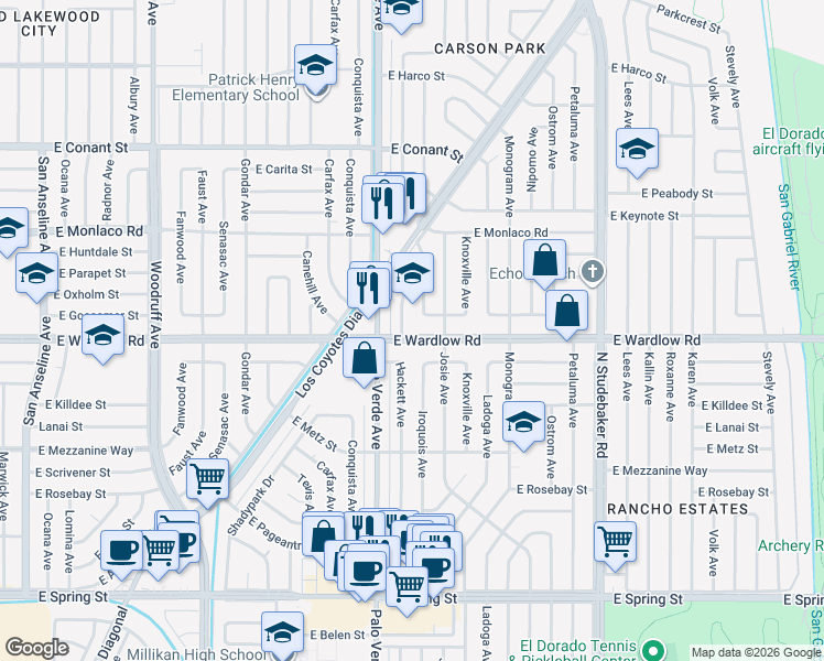 map of restaurants, bars, coffee shops, grocery stores, and more near 6437 East Wardlow Road in Long Beach