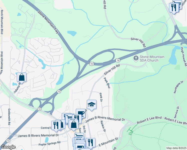 map of restaurants, bars, coffee shops, grocery stores, and more near 1350 North Shadygrove Court in Stone Mountain
