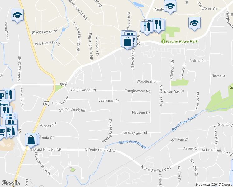 map of restaurants, bars, coffee shops, grocery stores, and more near 2295 Tanglewood Road in Decatur
