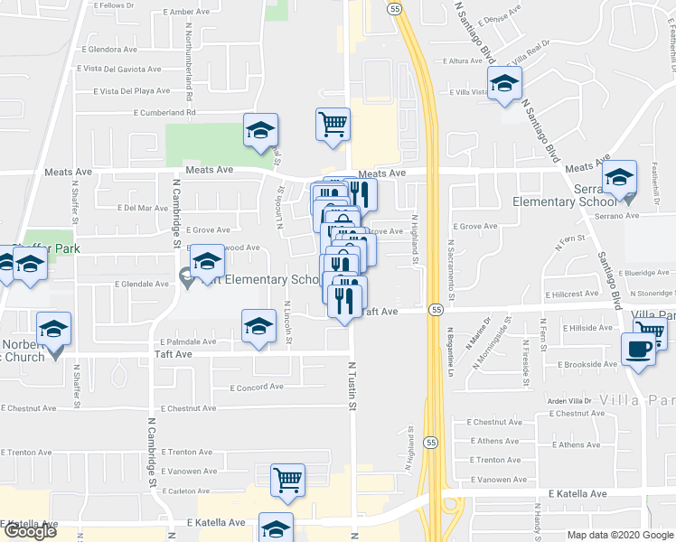 map of restaurants, bars, coffee shops, grocery stores, and more near 1875 North Shattuck Place in Orange