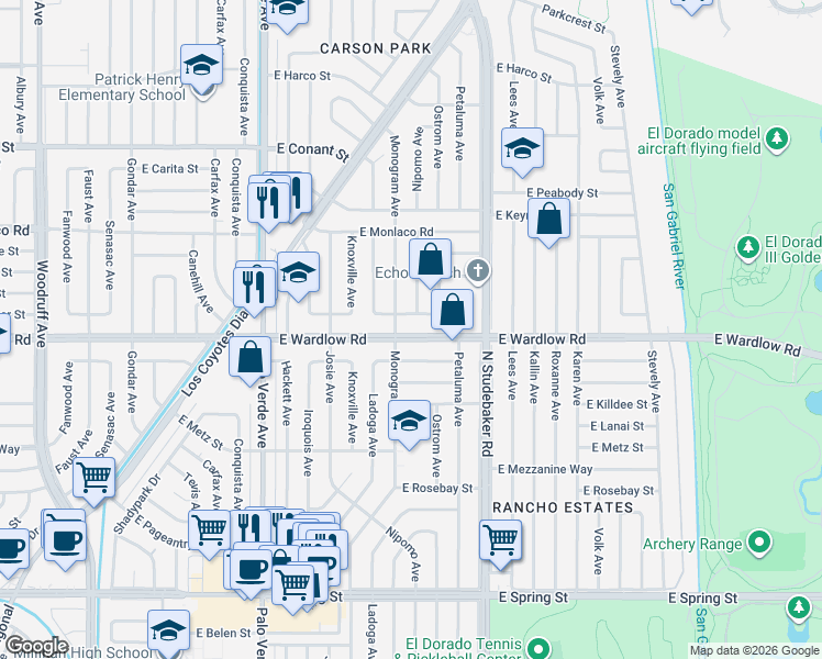 map of restaurants, bars, coffee shops, grocery stores, and more near 6703 East Wardlow Road in Long Beach