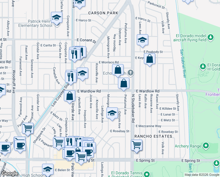 map of restaurants, bars, coffee shops, grocery stores, and more near 6703 East Wardlow Road in Long Beach