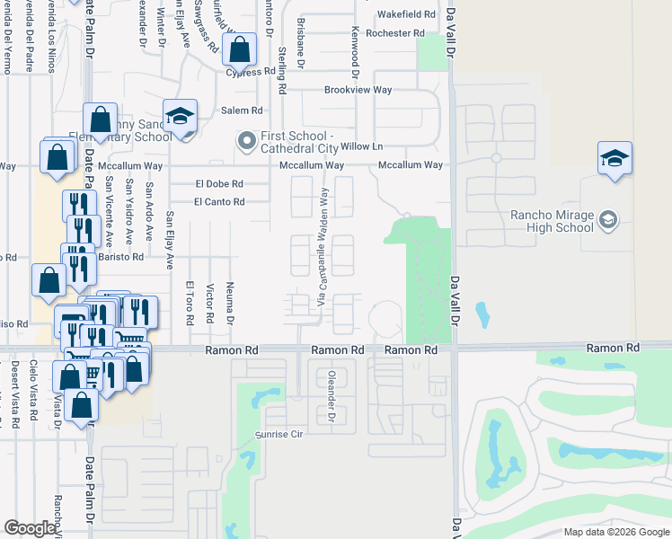 map of restaurants, bars, coffee shops, grocery stores, and more near 422 Via Milano in Cathedral City