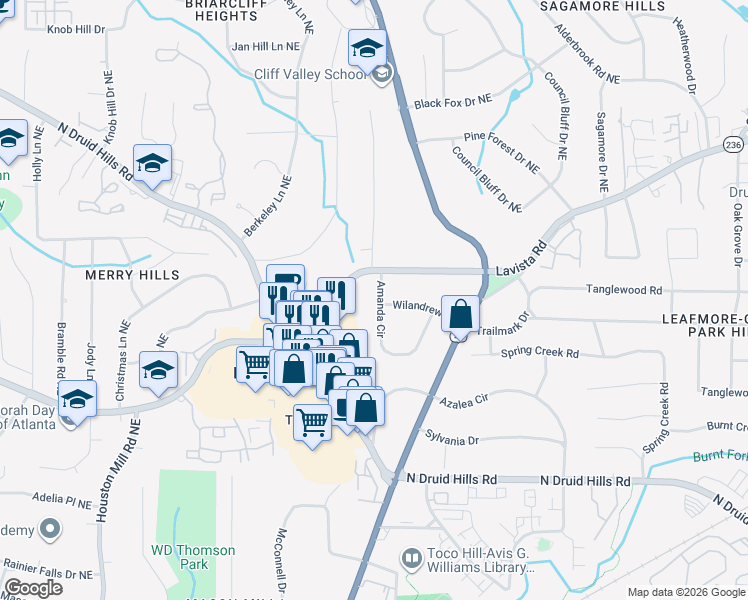 map of restaurants, bars, coffee shops, grocery stores, and more near 1388 Amanda Circle in Decatur