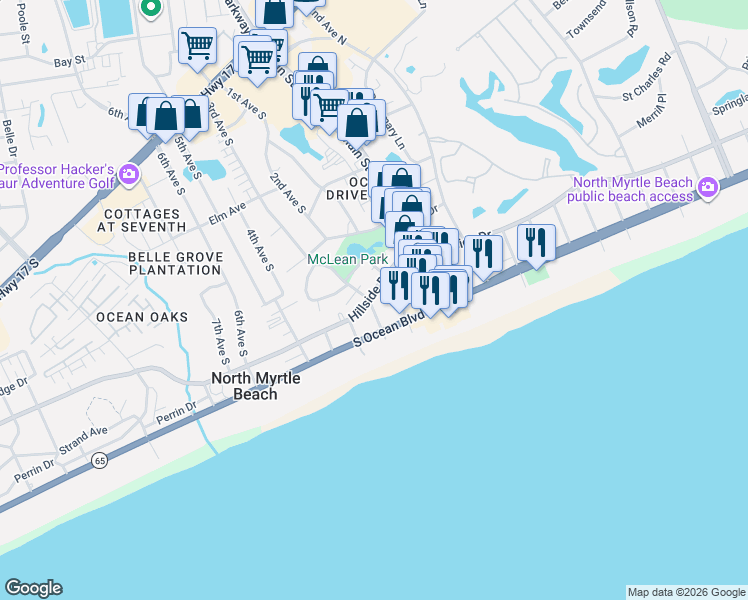 map of restaurants, bars, coffee shops, grocery stores, and more near 214 2nd Avenue South in North Myrtle Beach