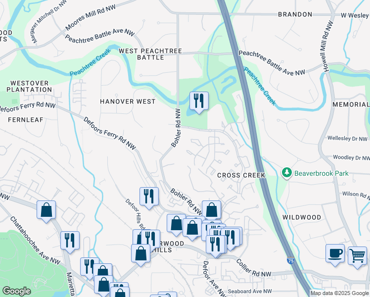 map of restaurants, bars, coffee shops, grocery stores, and more near 100 Rosaire Place Northwest in Atlanta