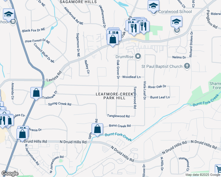 map of restaurants, bars, coffee shops, grocery stores, and more near 2321 Tanglewood Road in Decatur
