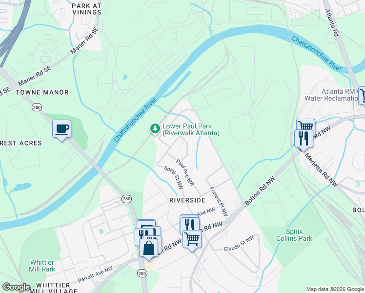 map of restaurants, bars, coffee shops, grocery stores, and more near 2328 Thomas Road Northwest in Atlanta
