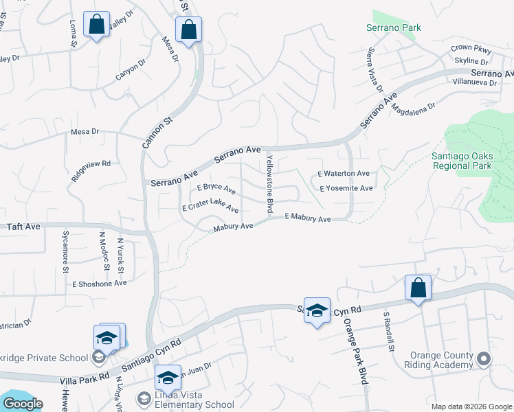 map of restaurants, bars, coffee shops, grocery stores, and more near 6026 East Bryce Avenue in Orange