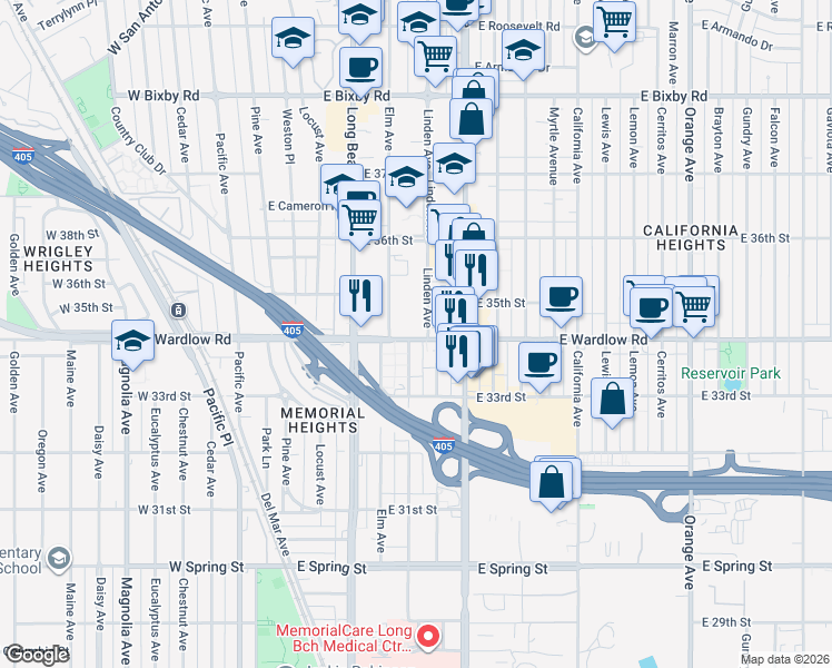 map of restaurants, bars, coffee shops, grocery stores, and more near 3405 Linden Avenue in Long Beach