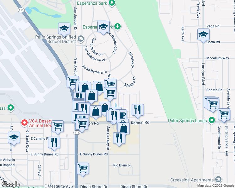 map of restaurants, bars, coffee shops, grocery stores, and more near 18 Lakeview Circle in Cathedral City