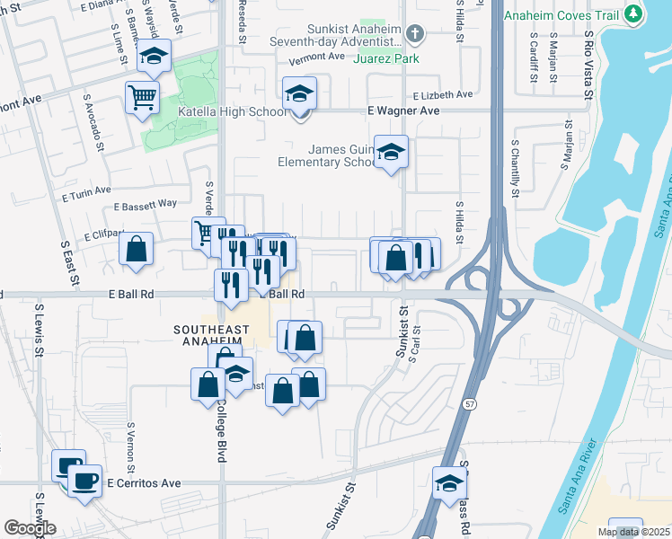 map of restaurants, bars, coffee shops, grocery stores, and more near 2307 East Ball Road in Anaheim