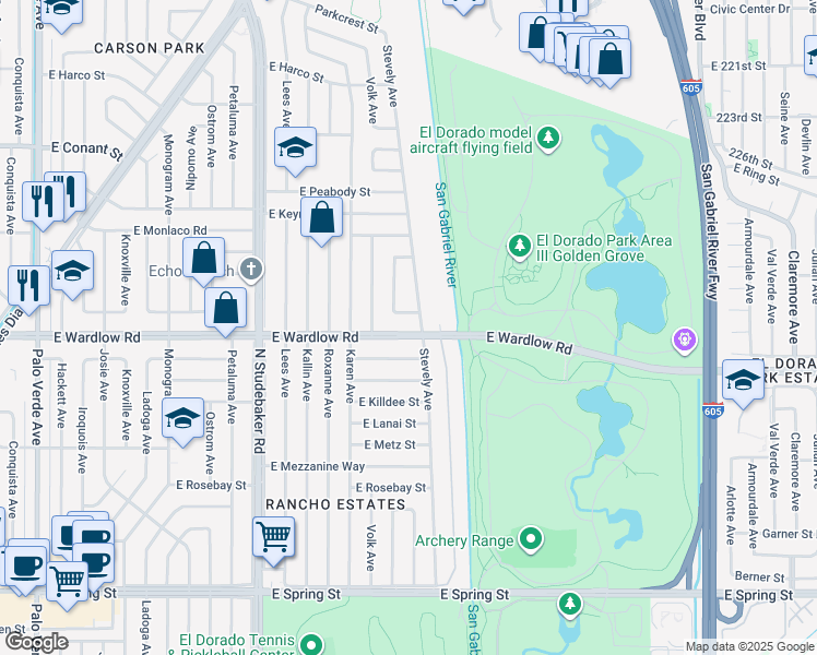 map of restaurants, bars, coffee shops, grocery stores, and more near 7159 East Wardlow Road in Long Beach