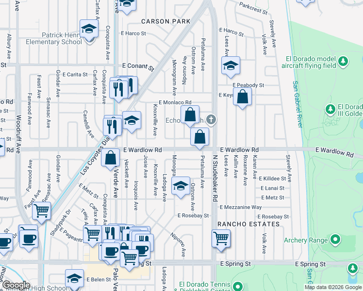 map of restaurants, bars, coffee shops, grocery stores, and more near 6703 East Wardlow Road in Long Beach