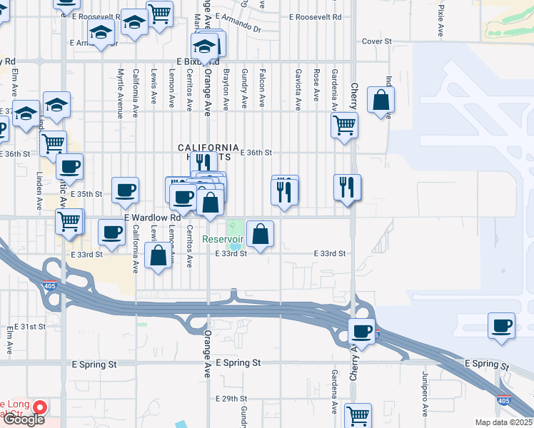 map of restaurants, bars, coffee shops, grocery stores, and more near 1512 East Wardlow Road in Long Beach