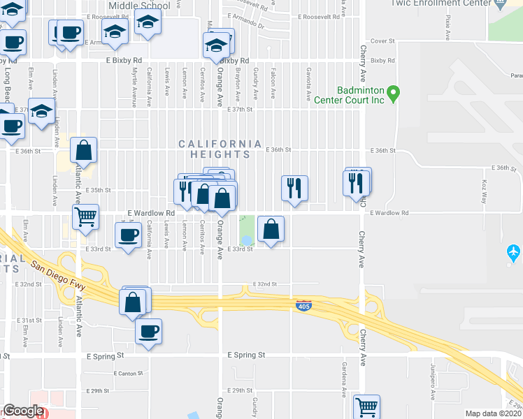 map of restaurants, bars, coffee shops, grocery stores, and more near 1385 East Wardlow Road in Long Beach