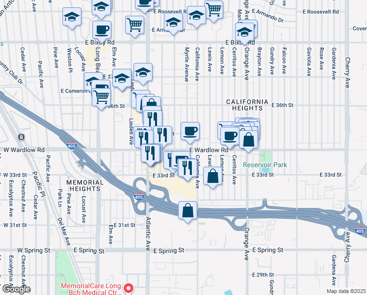 map of restaurants, bars, coffee shops, grocery stores, and more near 845 East Wardlow Road in Long Beach