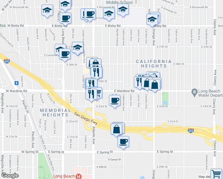 map of restaurants, bars, coffee shops, grocery stores, and more near 845 East Wardlow Road in Long Beach