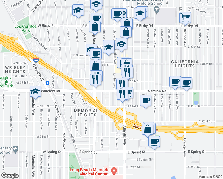 map of restaurants, bars, coffee shops, grocery stores, and more near 3406 Linden Avenue in Long Beach