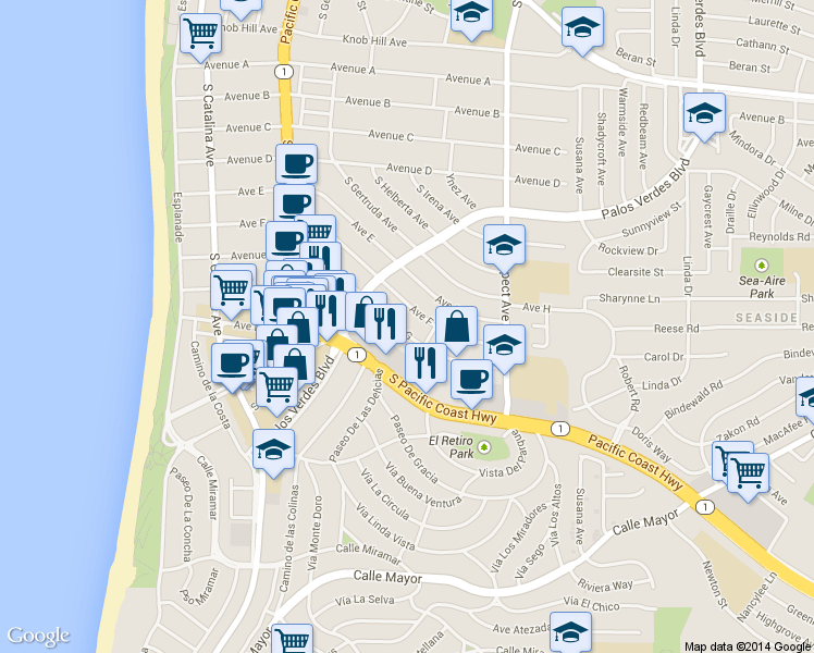 map of restaurants, bars, coffee shops, grocery stores, and more near 414 Avenue G in Redondo Beach