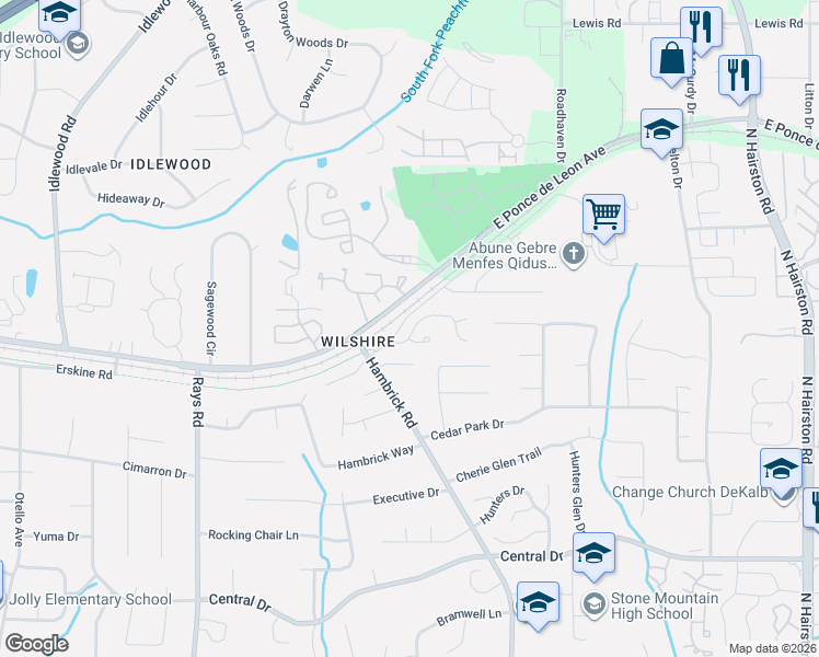 map of restaurants, bars, coffee shops, grocery stores, and more near 1348 Briers Drive in Stone Mountain