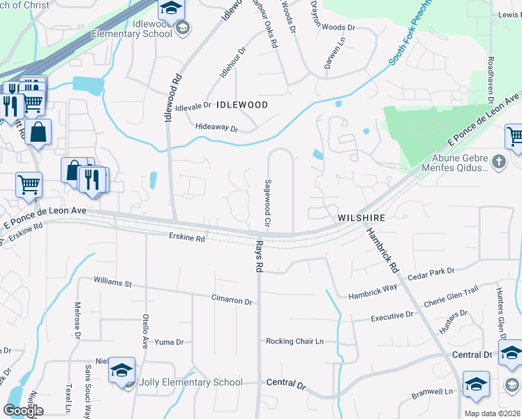 map of restaurants, bars, coffee shops, grocery stores, and more near 1332 Sagewood Circle in Stone Mountain