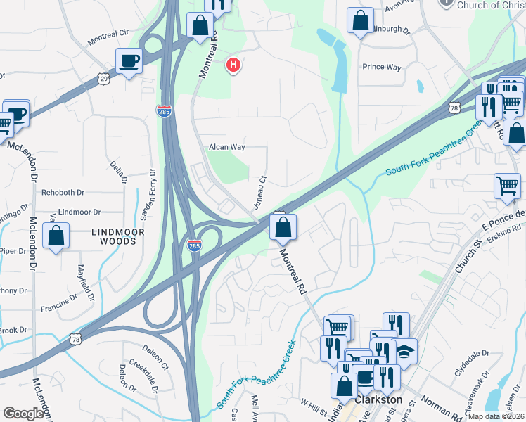map of restaurants, bars, coffee shops, grocery stores, and more near 1327 Juneau Court in Tucker
