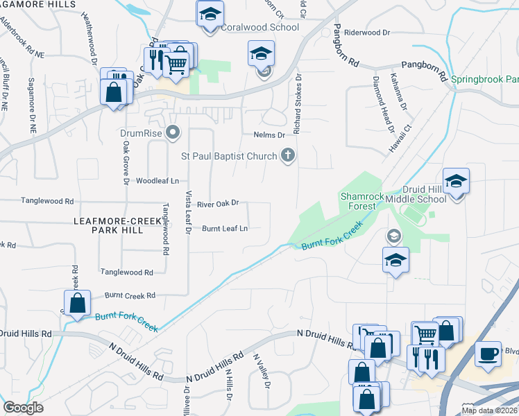 map of restaurants, bars, coffee shops, grocery stores, and more near 2551 River Oak Drive in Decatur
