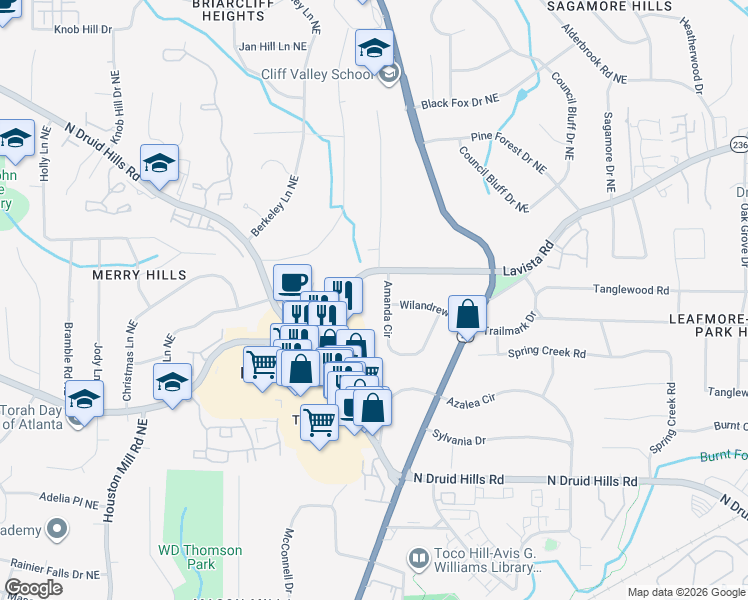 map of restaurants, bars, coffee shops, grocery stores, and more near 1388 Amanda Circle in Decatur