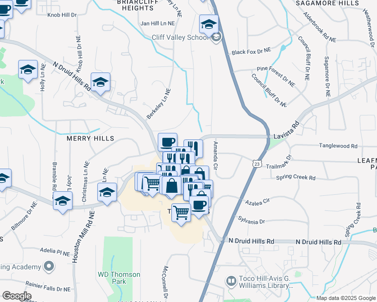 map of restaurants, bars, coffee shops, grocery stores, and more near in North Druid Hills