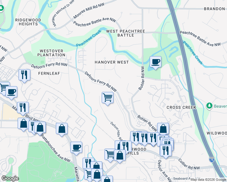 map of restaurants, bars, coffee shops, grocery stores, and more near 2344 Defoors Ferry Road Northwest in Atlanta