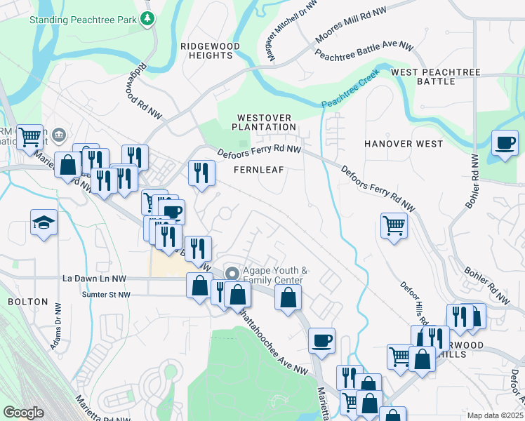 map of restaurants, bars, coffee shops, grocery stores, and more near 1200 Liberty Parkway Northwest in Atlanta