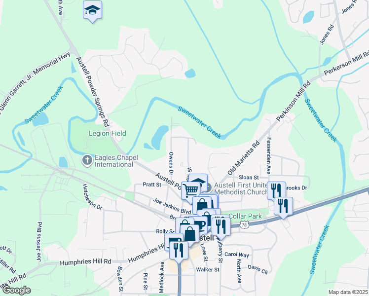 map of restaurants, bars, coffee shops, grocery stores, and more near 5570 Edith Street in Austell