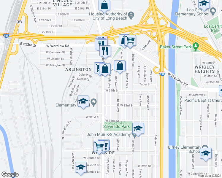 map of restaurants, bars, coffee shops, grocery stores, and more near 3400 Adriatic Avenue in Long Beach