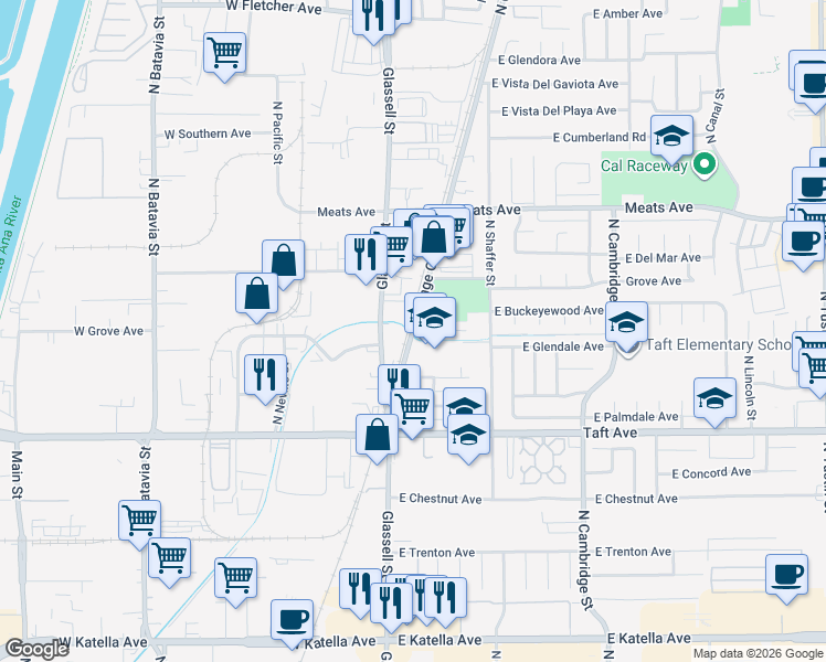 map of restaurants, bars, coffee shops, grocery stores, and more near 2049 North Orange Olive Road in Orange