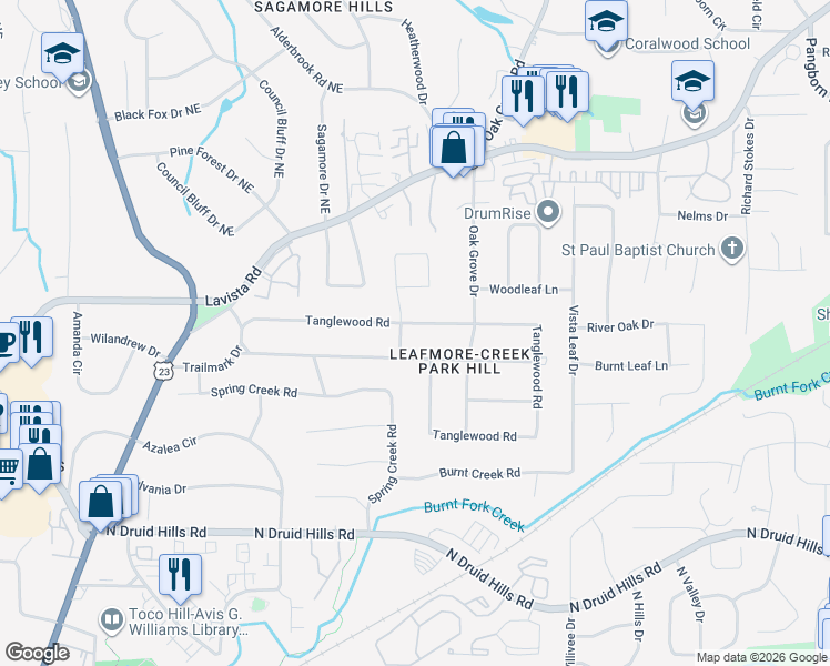 map of restaurants, bars, coffee shops, grocery stores, and more near 2295 Tanglewood Road in Decatur