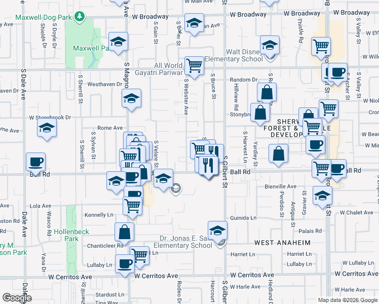 map of restaurants, bars, coffee shops, grocery stores, and more near 918 South Webster Avenue in Anaheim