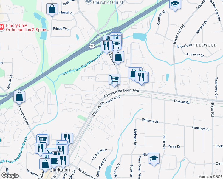map of restaurants, bars, coffee shops, grocery stores, and more near 3800 Brockett Trail in Clarkston