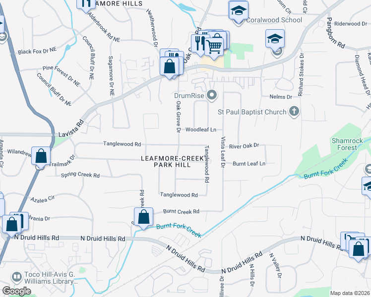 map of restaurants, bars, coffee shops, grocery stores, and more near 2359 Tanglewood Road in Decatur