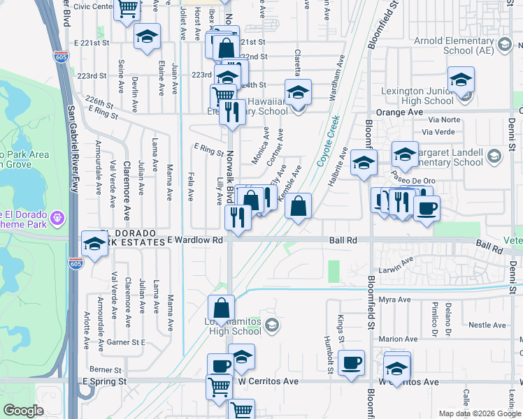 map of restaurants, bars, coffee shops, grocery stores, and more near 8150 East Timor Street in Long Beach