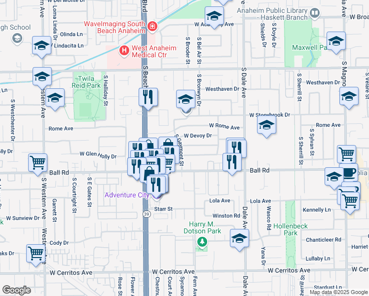 map of restaurants, bars, coffee shops, grocery stores, and more near 2914 West Lynrose Drive in Anaheim